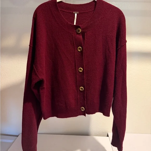 Free People Lila Waffle Knit Cashmere Cardigan Cherry Red Button Large - Picture 3 of 8